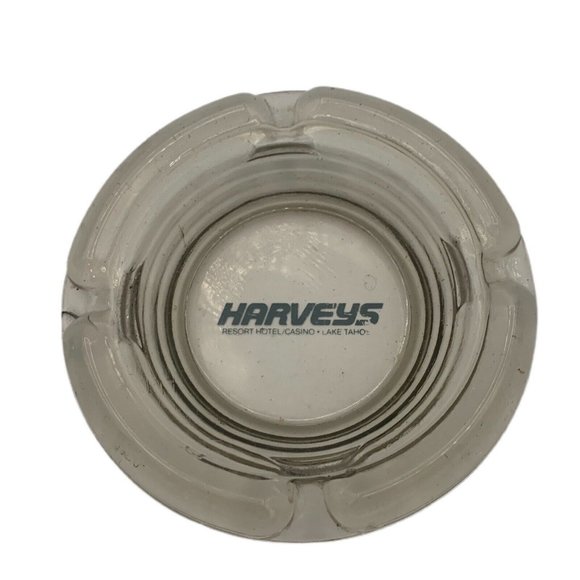 Vintage Harvey's Lake Tahoe Resort Hotel Casino Clear Glass Ashtray Blue Logo - Picture 1 of 5